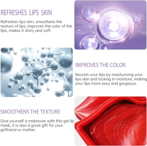 VEZE Lip Masks, Collagen Lip Mask 20 Pcs, Lip Mask for Dry Lips, Lip Masks Skincare, Crystal Lip Pads for Moisturizing, Anti-Wrinkle, Anti-Aging, Firms and Hydrates Lips Red