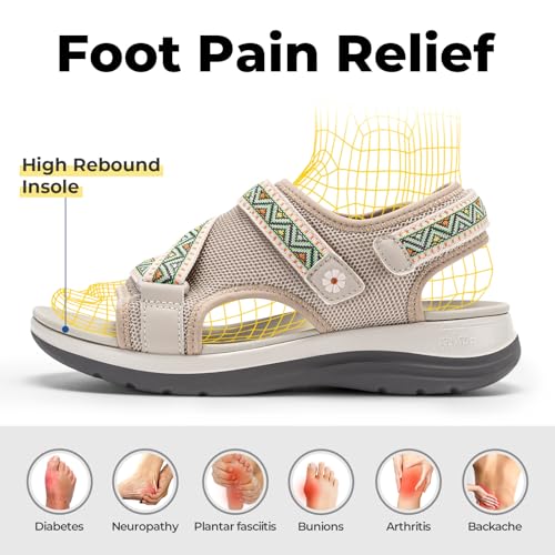 FitVille Women Wide Comfortable Sandals, Open Toe Flat Sandals for Women with Adjustable Back Strap, Orthopedic | Arch Support | Plantar Fasciitis | Swollen Feet 11 Wide Beige