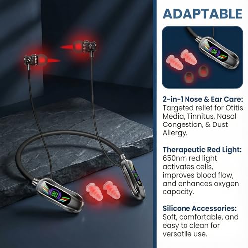 2-in-1 Red Light Therapy Device for Nose & Ears, Red Light Therapy for Ear Relief, Infrared Nasal Therapy Device, Neck Hanging Earbuds, Portable, Light-weight