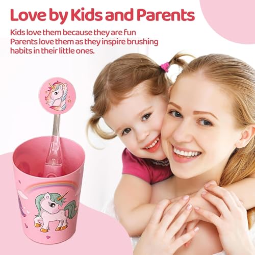Lily's Home Kids Flashing Timer Toothbrush with Soft Bristles, Rising Cup & Cover - Fun 2-Min Light-Up Brushing for Children - Toddler Toothbrush Kit (Unicorn) - Set of 2 Unicorns