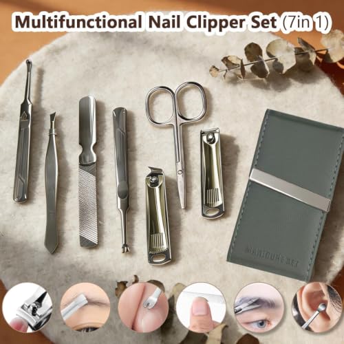 7-Piece Precision Men’s Nail Grooming Travel Kit, Stainless Steel Manicure Set with Fingernail & Toenail Clippers, Nail File, Slant Tip Tweezers, Cuticle Scissors, Exquisite Leather Case(Grey) Grey