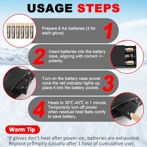 Heated Gloves for Men & Women - Waterproof & Touchscreen with AA Battery Box for Non-Slip Warmth in Skiing, Hunting, Fishing, Cycling & Outdoor Work Large