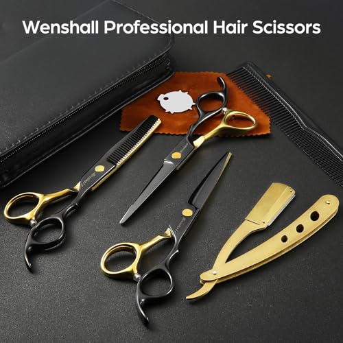 Wenshall Professional Black Gold Hair Scissors 6.89" Teeth Japanese Stainless Steel Multifunctional Salon Thinning Scissors Straight Shears Tools for Men Women Home Salon Barber