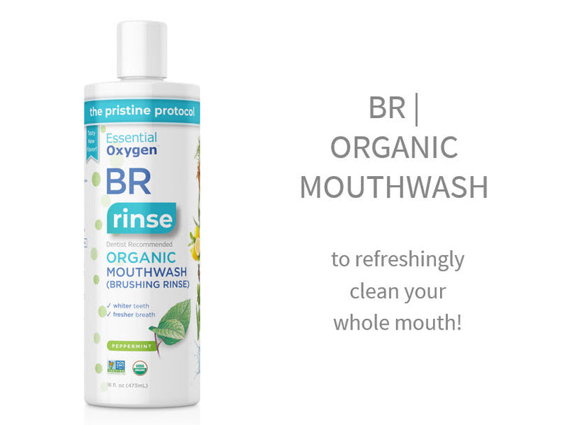 Essential Oxygen Certified BR Organic Brushing Rinse, All Natural Mouthwash for Whiter Teeth, Fresher Breath, and Happier Gums, Alcohol-Free Oral Care, Peppermint, 16 Ounce, Package may vary 16 Fl Oz (Pack of 1)