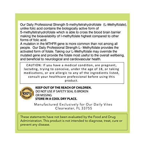 Our Daily Vites, L-Methylfolate 15mg – Active 5-MTHF Methylated Folate Supplement for Women & Men – Methyl Folate for Brain Health, Focus & Mood Support – Gluten Free, Non-GMO–90 Capsules, 90 Servings 90 Count (Pack of 1)