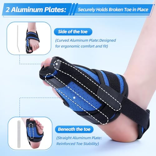 Big Toe Brace Splint for Broken, Turf Toe, Fracture, Arthritis, Sprains, Support for Women & Men, with 2 Removable Metal Plates - Blue Left