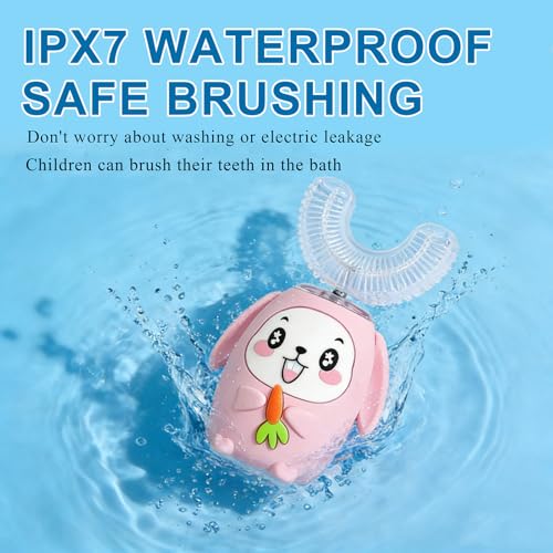 SNOWROSE Kids Electric Toothbrush U-Shaped, IPX7 Waterproof Design with 4 Brush Head 3 Modes, Sonic Automatic 360 Degree Full Mouth Cleaning Children Toothbrush for Ages 2-12 (Pink) Pink