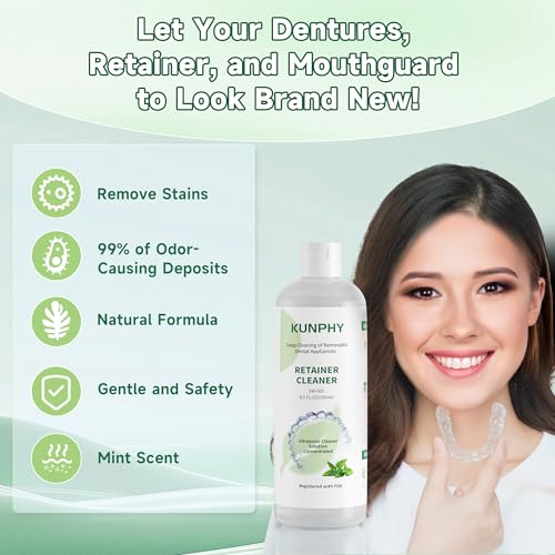 kunphy Ultrasonic Retainer Cleaner Solution Concentrate - 2 Pack Value Bundle, Professional Cleaning for Retainers, Dentures, Invisible Aligners, Mouth Guards, Removes Odors & Stains, 16 oz (Mint) 17oz