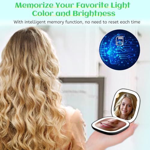 Qidoe Compact Travel Makeup Mirror, Rechargeable 1X/10X Magnifying Compact Mirror with Dimmable Light, 2-Sided Handheld Portable Folding Mirror, Mini Makeup Mirror for Purse, Pocket, Gifts (Black)