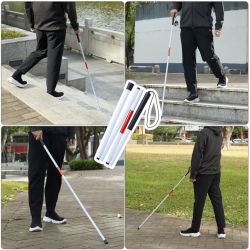 Foldable White Cane(Blind Cane) with Red Reflective Strip, 49 Inch Lightweight Walking Stick for Vision Impaired, Anti-Slip Handle for Daily & Travel Use
