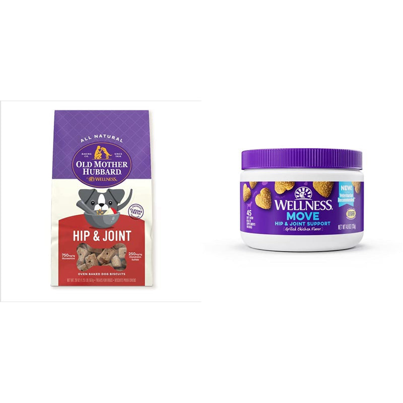 Old Mother Hubbard by Wellness Mother's Solutions Hip & Joint Natural Dog Treats, 20 Ounce Bag + Wellness Hip & Joint Health Supplements for Dogs, Grilled Chicken Flavored Soft Chews, 45 Count