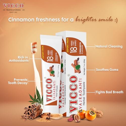 Vicco Vajradanti Cinnamon Ayurvedic Herbal Toothpaste - 70 Year Legacy of Ayurveda, with 18 Ayurvedic Herbs & Barks, Fluoride-Free - 7 oz (3 Pack) 7 Ounce (Pack of 3)