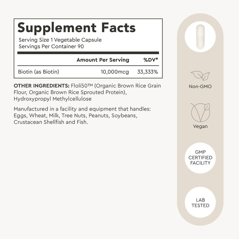 Alaya Biotin 10,000 mcg for Healthy Hair, Skin and Nails, Non GMO, Vegan, 90 Capsules