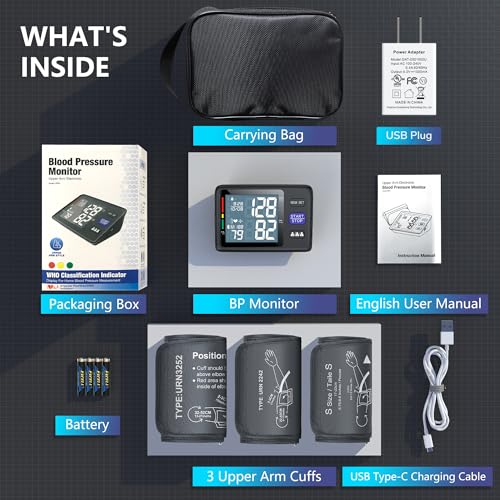 Blood Pressure Monitor Upper Arm with 3 Size Cuffs, Small 7"-9", Medium/Large Cuff 9"-17" and XL Extra Large 13"-21", Automatic Digital BP Cuffs for Home Use, Large LCD with Backlit, BP Machine Small, Medium/Large & Extra Large