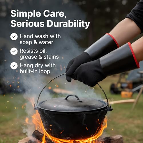 BBQ Gloves - Waterproof and Extreme Heat Resistant up to 932°F - Food-Grade Neoprene Rubber Mitts for Cooking, Grill, Grilling, Oven, Baking, Fire Pit - Non-Slip Grip, Cotton Lining and 14” Sleeve Medium
