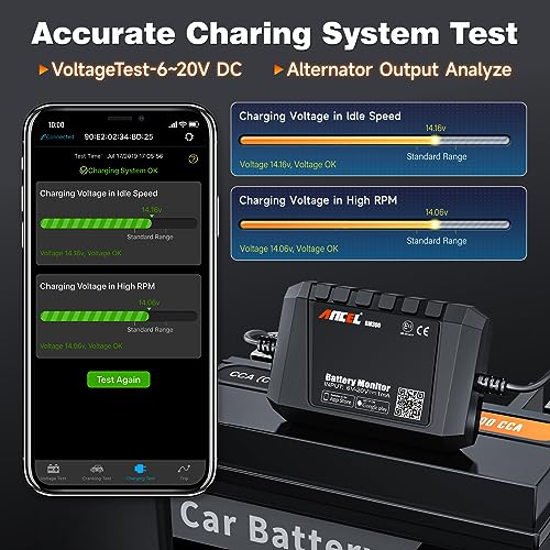 ANCEL BM300 12V Battery Monitor with Charging, Cranking System Test & Alarm Black