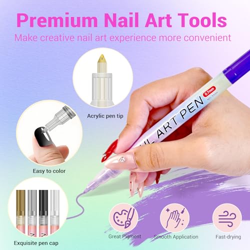 12 Color Nail Art Pens, 3D 0.7 MM Nail Polish Pens Set Drawing Painting Point Liner Acrylic Painted Pen Kit, Waterproof and Quick-drying Nail for DIY Nails Art Design Manicure Tools MulticolorG
