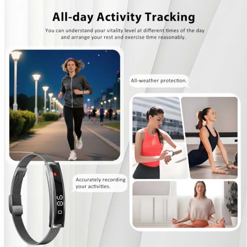 Smart Bracelet Fitness Health Tracker for Men Women with 2 Bands Black Steel + Black Silicone