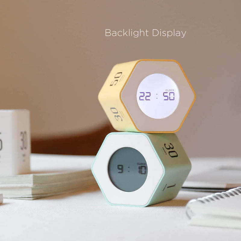 mooas Multi-Hexagon Clock Cube Timer, Digital Clock Time Timer, Pomodoro Timers, Backlit Display 12/24H Mode Count up & Countdown, Rotating Various time presets ideal for Classroom Gym Kitchen (White) White, Mint, Yellow