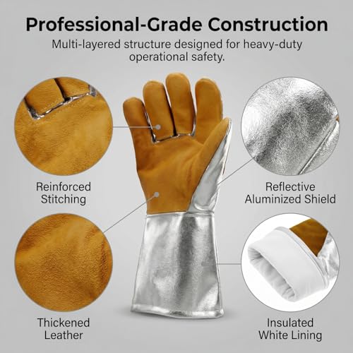 QWORK High Temperature Aluminized Welding Gloves, 14-Inch Heat Resistant Safety Workwear for Smelting & Metal Industries, 972°F Resistance
