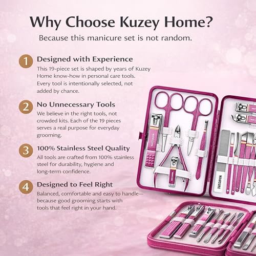 Manicure Pedicure Set, 19-Piece Premium Stainless Steel Grooming Kit Crafted with Care – Professional Nail Clippers & Tools with Travel Case for Men & Women pink