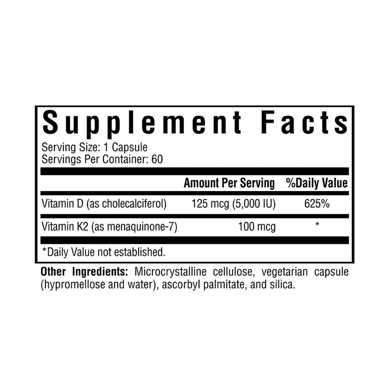 Vitamin D3 + K2 | 5000 IU of D3 (as cholecalciferol) for Optimal Calcium Absorption | 100 mcg of K2 (as menaquinone-7) for Circulatory Health | Supports Bone & Immune Health | 60 Vegetarian Capsules - BeesActive Australia