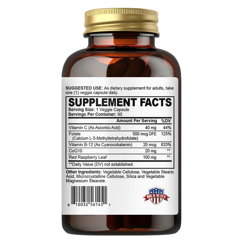 Activated Folate-L 5-MTHF DFE Supplement - Methylfolate B9 MTHF with Vitamin B12, CoQ10, & Red Raspberry - Methylated L-Methylfolate for Men and Women - 500 mcg - 90 Veggie Capsules