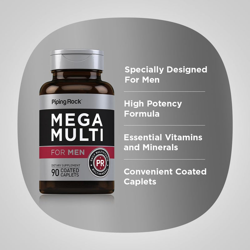 Piping Rock Men's Multivitamin | 90 Caplets | Mega Vitamin and Mineral Complex | Daily Support Supplement | with Vitamin C, D, Magnesium, Zinc | Non-GMO, Gluten Free