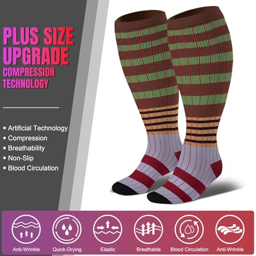 bropite 3/4 Pairs Plus Size Compression Socks for Women & Men 20-30 mmhg-Extra Wide Calf Support Socks for Medical,Running XX-Large 09- 4 Pack Brown Stripes