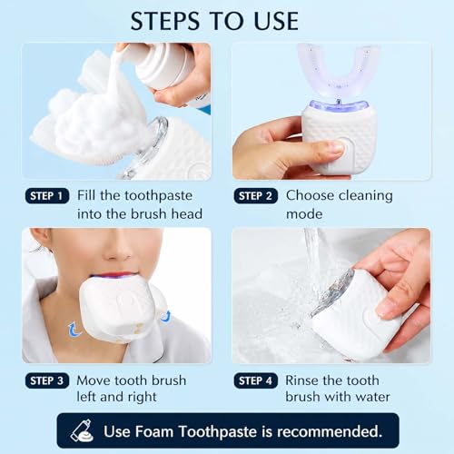 U-Shaped Electric Toothbrush for Adults, Ultrasonic Automatic Toothbrush, 360° All-in-One Cleaning, Rechargeable Hands-Free Design, IPX7 Waterproof White