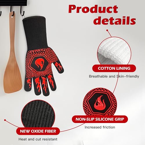 BBQ Grill Gloves, 1472°F Extreme Heat Resistant Grilling Gloves Non-Slip Oven Mitts Potholder, Perfect for Barbecue, Cooking, Baking, Fireplace, Smoker - 2 Pair (Red and Black) Flame Red and Black