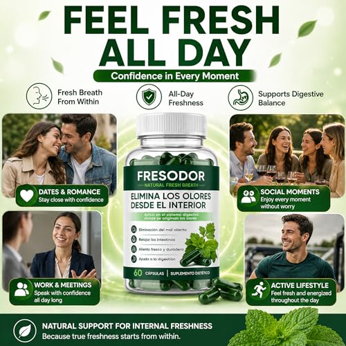 Fresodor para Mal Aliento, Internal Body Deodorizing Supplement with Chlorophyll, Peppermint, Parsley, Eliminate Bad Breath from Inside Out, Gut Health, Natural Fresh Breath Capsules, 60 Counts 1