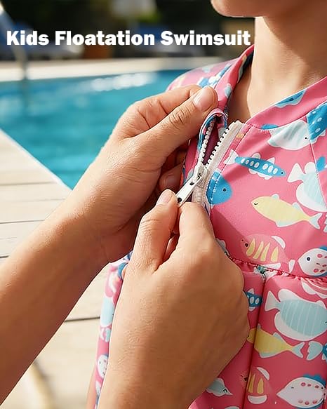 Baby Toddler Girls Boys Float Suit One Piece Rashguard Cartoon Short Sleeve Zip up Buoyancy Swimsuit +Cap 2-3T Pink