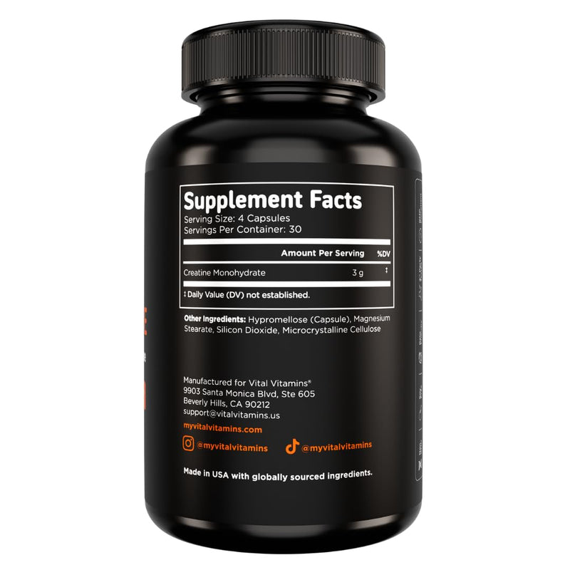 Vital Vitamins Creatine Monohydrate Pills, 3g for Women & Men | Supports Muscle Health, Energy & Cognitive Clarity, Micronized, Easy to Swallow, Non-GMO, 120 Capsules 120 Count (Pack of 1)