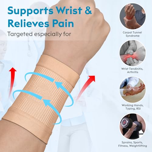KEKING Compression Wrist Sleeves for Women Men, 1 Pair, Tendonitis Beige Medium