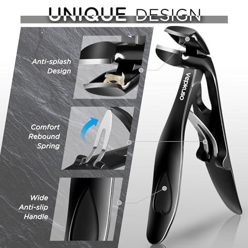 Vepkuso Nail Clippers for Seniors, Wide Jaw Fingernail Clippers and Angled Head Toenail Clippers for Thick Nail, Professional German Nail Clippers for Men, Women&Pregnant，Black Black(2 Pack)