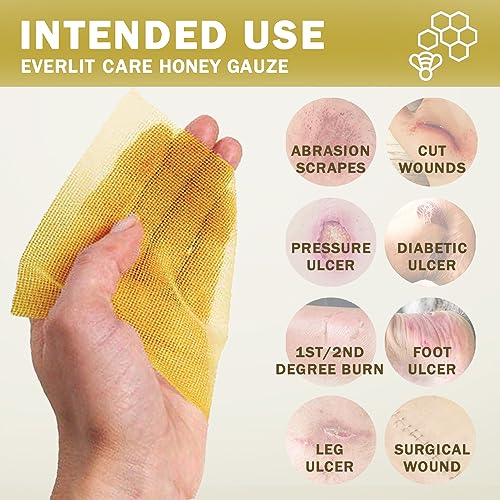 EVERLIT CARE Manuka Honey Dressing | Sterile Non-Adhesive Pads with Unadulterated Medical-Grade Honey | Advanced Healing for Burn, Chronic Wound, Donor Sites, Pressure & Diabetic Ulcer (4" Gauze) 4" Gauze