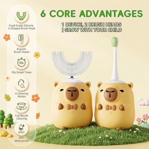 Kids Electric Toothbrushes, U Shaped Ultrasonic Toothbrush,Rechargeable Kids Toothbrush w/Smart Timer, Sonic Toothbrush (Yellow (Ages 7-15)) Yellow (Ages 7-15)