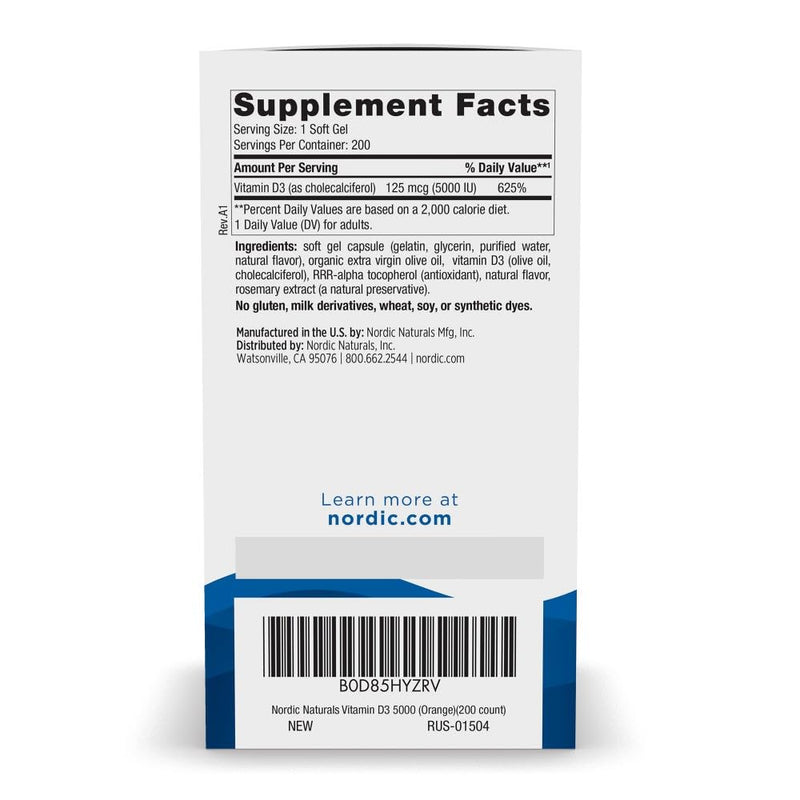 Nordic Naturals Vitamin D3 5000 IU, Non-GMO, Orange - 200 Mini Softgels | High-potency vitamin D3 for bone health, mood support & immune function. One mini softgel daily. Non-GMO. 200 servings 1 Count (Pack of 200)