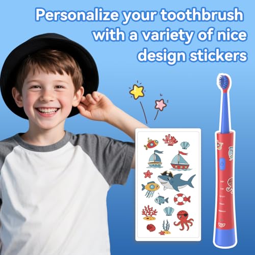 JTF Kids Electric Toothbrush with 10 Soft Brush Heads, Fun DIY Stickers, 5 Gentle Modes and Smart Timer, Safe & Effective for Sensitive Teeth, Children Sonic Toothbrush for Home & School, Ages 3+