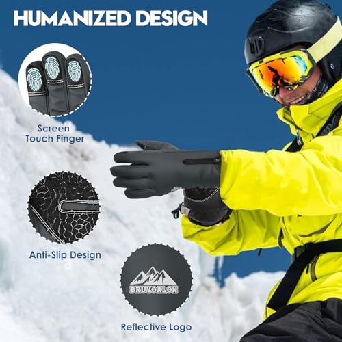 Bruvoalon Y322 Winter Gloves for Men & Women, -10℉ Touchscreen 5-Layer Thermal Insulated, Windproof Anti-Slip Ski Gloves Gray Medium