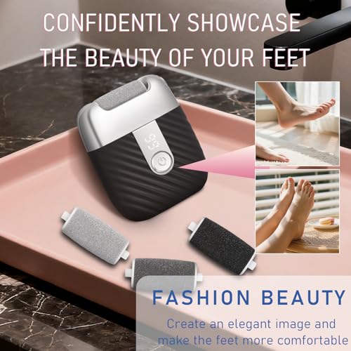 Electric Foot File with 2 Speeds & LED Display, Rechargeable Callus Remover with 3 Grit Heads (Coarse/Medium/Fine), Pedicure Tools for Feet Hard Skin Smooth Polishing (Black)