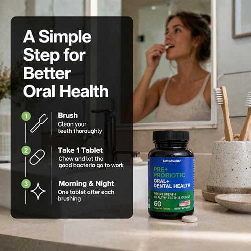 Oral Probiotics for Teeth and Gums, Pre + Probiotic with Zinc, Inulin & Xylitol, Vegan & Non-GMO Chewable Bad Breath Treatment for Adults, Supports Gum & Dental Health, 60 Tablets