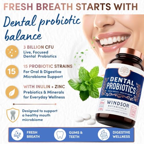 Oral Probiotics for Teeth and Gums - 3BN CFU Lactobacillus Salivarius Acidophilus Rhamnosus Streptococcus - Bad Breath Treatment for Adults - 45 Chewable Mint Dental Probiotic Tablets for Women & Men 45 Count (Pack of 1)
