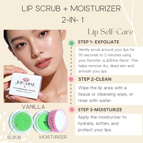 JLipShine 2 in 1 Lip Moisturizer and Lip Scrub, Exfoliating and Hydrating Formula,Smooth. Nourish. Shine. 5g x 2, 0.176 oz (Vanilla,flavor) Vanilla