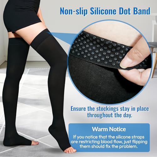 Compression Stockings, 20-30 mmHg Thigh High Compression Socks Open Toe Black Large