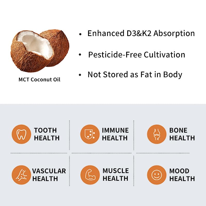 d3 k2 Vitamin 10000 iu, 180 Coconut Oil Softgels | 2 in 1 Vitamins Supplement D3 10000 IU & K2 (MK7) 200 mcg, Easy to Swallow, Supports Calcium Absorption, Bone Immune, & Heart Health 180softgels