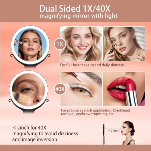 Travel Magnifying Makeup Mirror with Lights, Double Sided 40X/1X, 6inch 40x-black