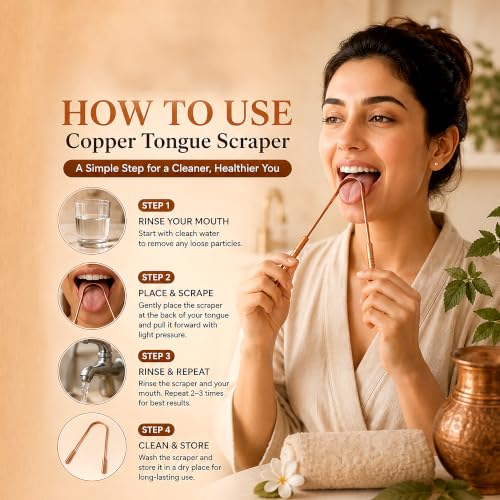 Pure Copper Tongue Scraper (Pack of 4) – 99.99% Pure Copper, Seamless One-Piece Design, Ayurvedic Oral Care Tool for Family & Daily Use Pack of 4