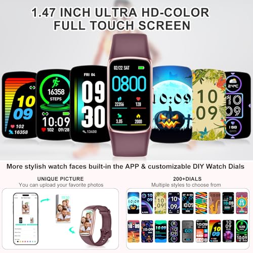 Fitness Tracker, Activity Trackers with 24/7 Heart Rate Blood Oxygen Sleep Monitor, 123 Sports Modes Step Counter, 1.47'' HD Screen Smart Watches, Calorie Pedometer for Women Men bordeaux